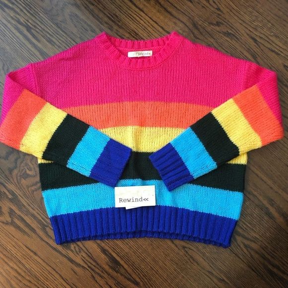 Rewind Sweaters - REWIND Womens Bold Rugby Stripe Colorful Lightweight Crewneck Sweater Sz Large